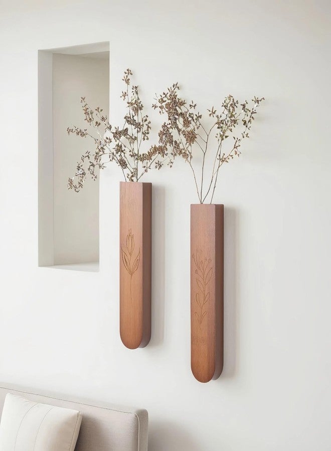 WOPARTY Wood Wall Vase Set of 2, 11.6 x 2.52 x 1.37 inch for Dried Flowers and Faux Greenery Plants for Bathroom,Kitchen,Farmhouse,Dining Room Wall Decor （Brown - Image 5